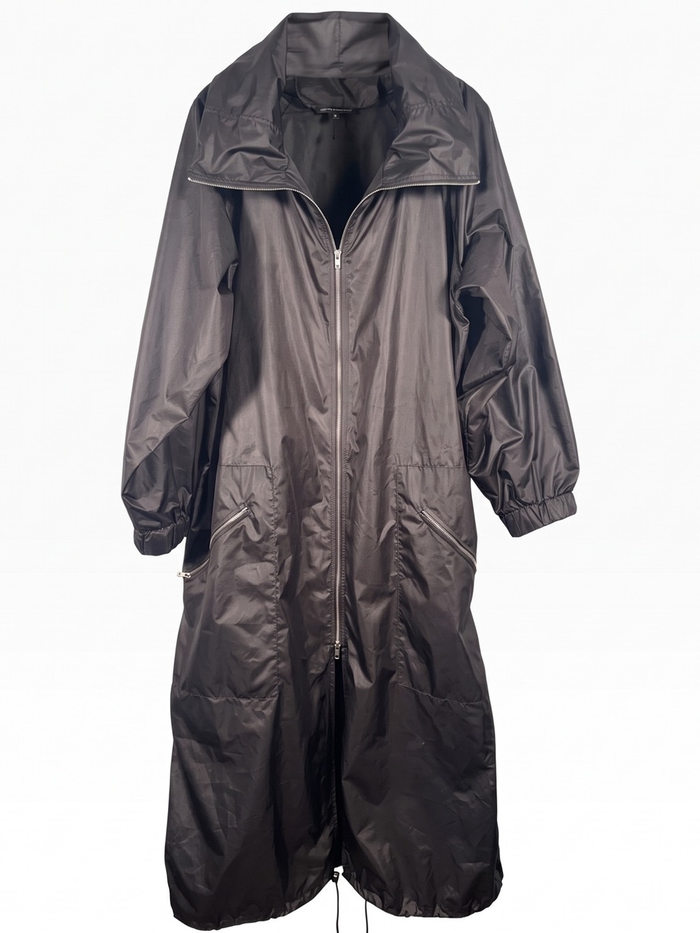 Long Black Hooded Trench Coat with Zip Closure